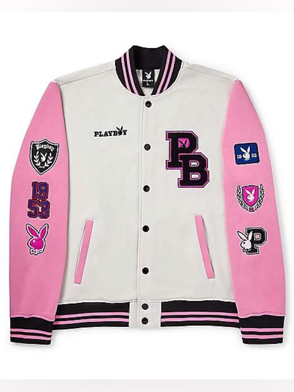 PLAYBOY Cream & Pink Varsity Letterman Jacket- Size Medium NWT